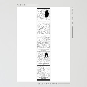 May include: Black and white illustrated print with sequential panels depicting a biblical story. The panels show Elijah in a cave, a strong wind, an earthquake, fire, and God speaking. Text includes "Elijah sat in a cave and waited for God."