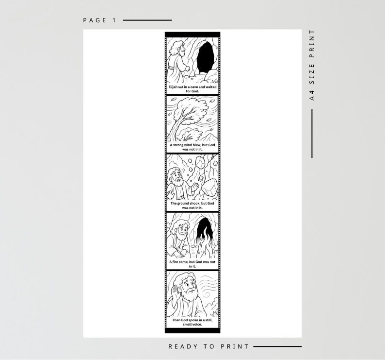 May include: Black and white illustrated print with sequential panels depicting a biblical story. The panels show Elijah in a cave, a strong wind, an earthquake, fire, and God speaking. Text includes "Elijah sat in a cave and waited for God."