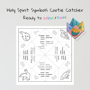 May include: A black and white Holy Spirit Symbols Cootie Catcher, ready to colour or paint. The design includes a flame, dove, and other religious symbols. The text reads "Ready to colour/paint". A sample color-coded fortune teller is in the corner.