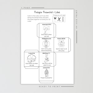 May include: A printable black and white "Prayer Promises Cube" template. The cube features Bible verses and illustrations, with instructions to color, cut, fold, and glue. Includes the text "READY TO PRINT" and "A4 SIZE PRINT".