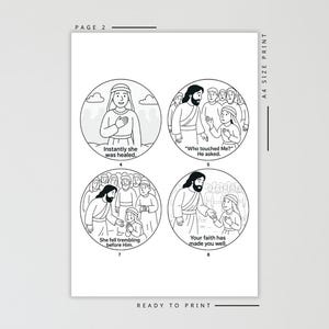 May include: Black and white illustrations on a white background. The illustrations depict a biblical story, with text including "Instantly she was healed," and "Your faith has made you well." The page is labeled "PAGE 2" and "READY TO PRINT."