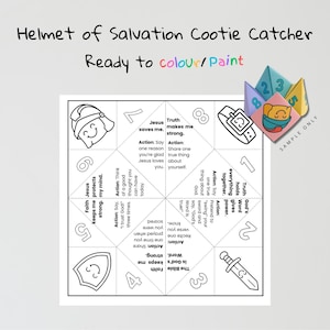 Könnte beinhalten: Ein schwarz-weißes "Helmet of Salvation Cootie Catcher", das zum Ausmalen oder Bemalen bereit ist. Der Text enthält "Jesus saves me" und "Truth makes me strong". Ein farbcodiertes Papier-Glücksrad befindet sich in der oberen rechten Ecke.