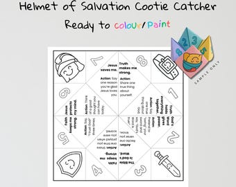 Puede incluir: Un "Helmet of Salvation Cootie Catcher" en blanco y negro listo para colorear o pintar. El texto incluye "Jesus saves me" y "Truth makes me strong". Un ejemplo de adivinador de papel codificado por colores está en la esquina superior derecha.