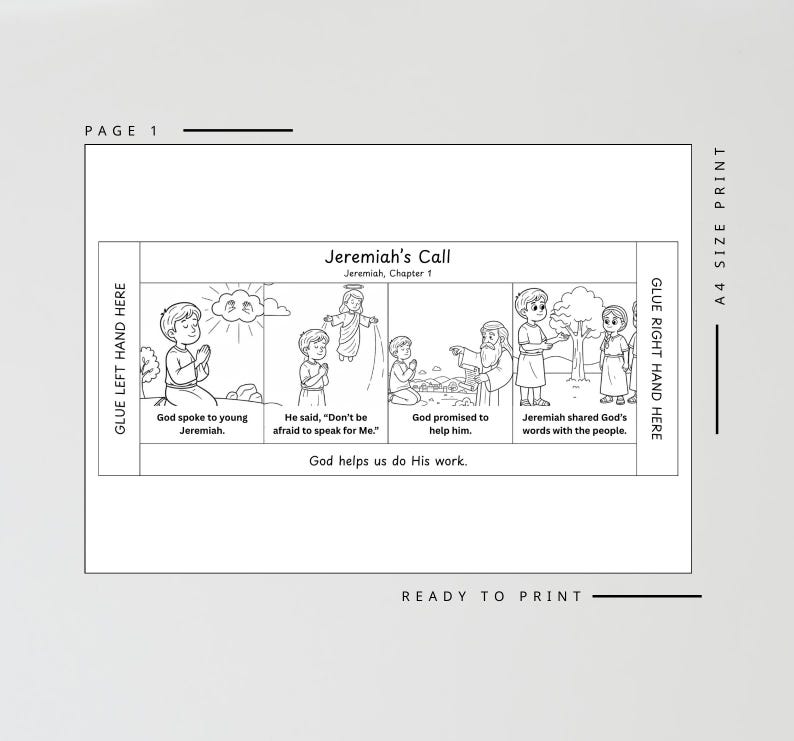 May include: Black and white illustrated page titled "Jeremiah's Call, Chapter 1". The page features a series of panels depicting scenes from the story, with text captions. The text includes "God spoke to young Jeremiah" and "God helps us do His work."