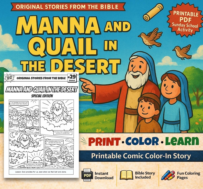 Manna and Quail in the Desert Bible Comic Colouring Page for Kids: listing photo