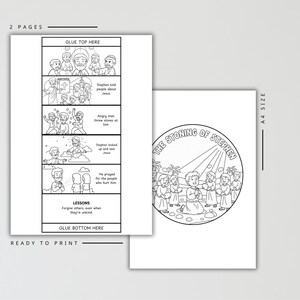 May include: Two-page black and white printable coloring pages. One page features a comic strip with text boxes and illustrations about Stephen. The other page has a circular illustration with the text "The Stoning of Stephen."