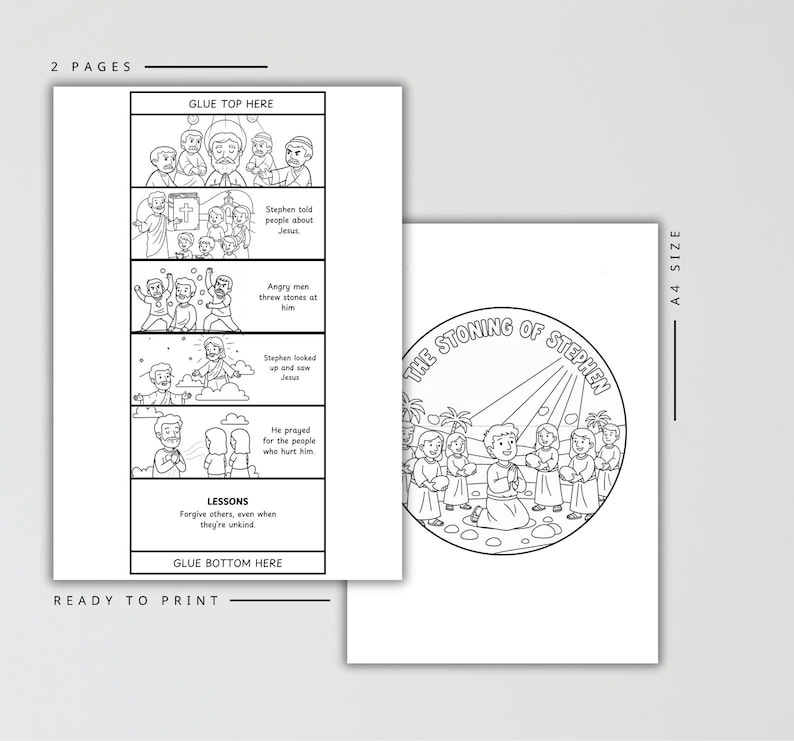 May include: Two-page black and white printable coloring pages. One page features a comic strip with text boxes and illustrations about Stephen. The other page has a circular illustration with the text "The Stoning of Stephen."