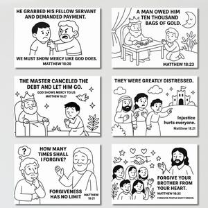 May include: Six black and white illustrations with text from Matthew. The images depict scenes of forgiveness, mercy, and debt. The text includes phrases like "We must show mercy" and "Forgive your brother."