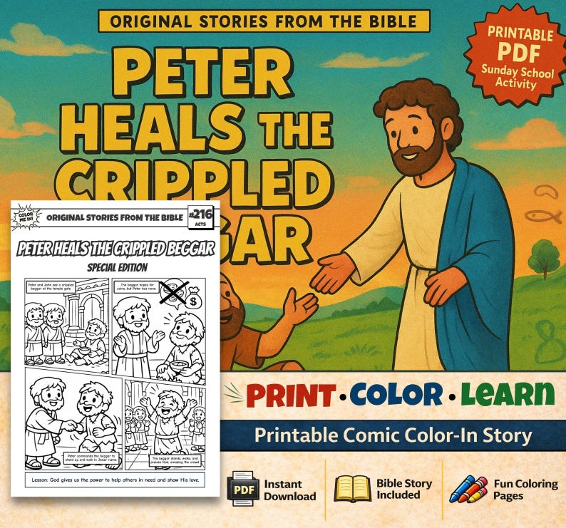Peter Heals the Crippled Beggar Bible Comic Colouring Page for Kids: listing photo