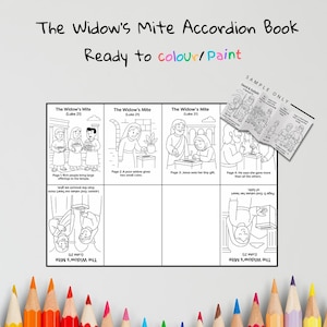 May include: An accordion book, "The Widow's Mite", with illustrations from Luke 21, designed for colouring or painting. Includes a sample booklet with a "David & Goliath" theme. The book features line drawings of biblical scenes.