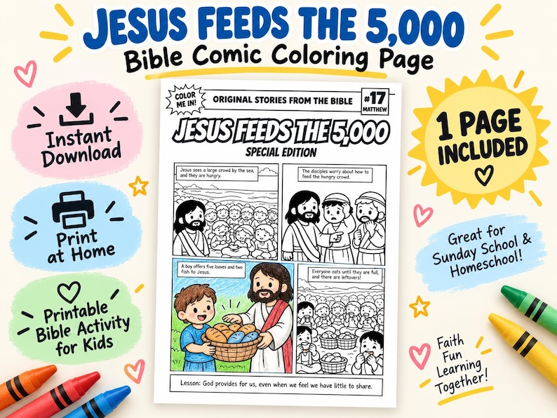 Jesus Feeds the 5,000 Bible Comic Colouring Page: listing photo