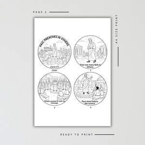 May include: A black and white illustration of a Bible story, featuring four circular panels. The panels depict scenes of Paul preaching in Athens, with text including "Paul Preaches in Athens," "Paul saw many idols in Athens," and "Ready to Print."