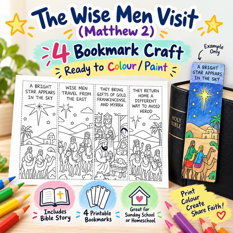Wise Men Visit Bible Story Colouring Bookmarks: listing photo