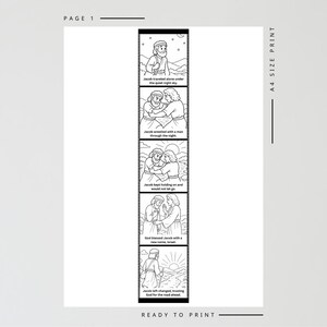 May include: Black and white illustrated comic strip depicting a biblical story. The panels show a man traveling, wrestling, and receiving a blessing. Text includes phrases like "Jacob traveled alone" and "God blessed Jacob."
