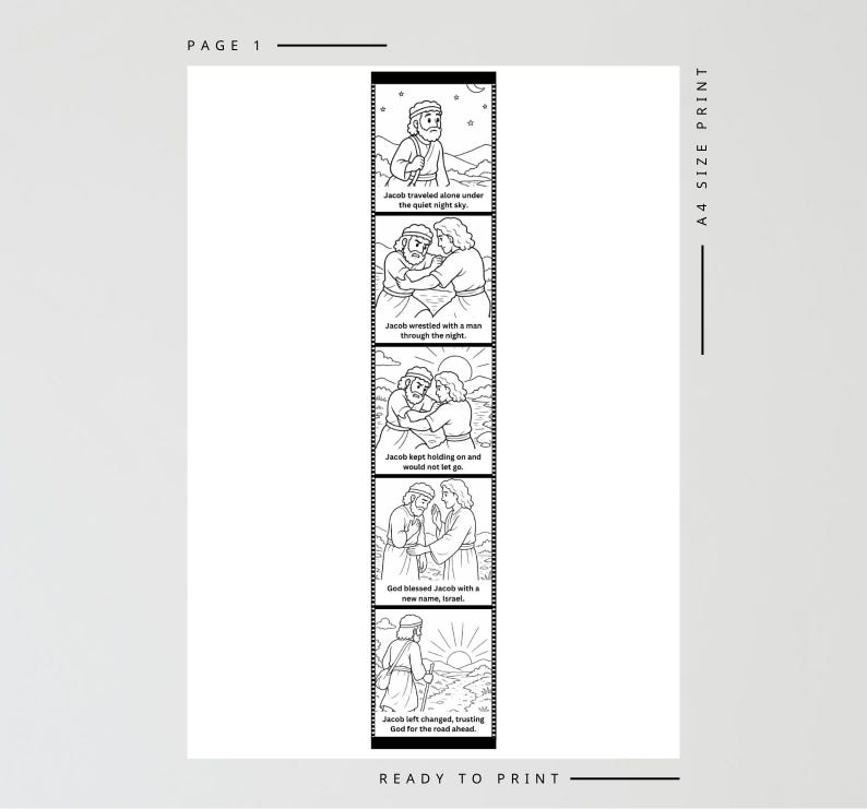 May include: Black and white illustrated comic strip depicting a biblical story. The panels show a man traveling, wrestling, and receiving a blessing. Text includes phrases like "Jacob traveled alone" and "God blessed Jacob."