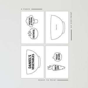 May include: A ready-to-print A4 size print with four pages. Each page features black and white line drawings of vegetables and text, including "Healthy & Strong," "Faithful," "Daniel's Vegetables," "Trust in God," and "Obey God."
