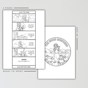 May include: Two-page printable coloring pages with the text "The Good Shepherd" and Bible verses. The pages feature line art illustrations of Jesus with sheep and text like "Jesus cares deeply for us."