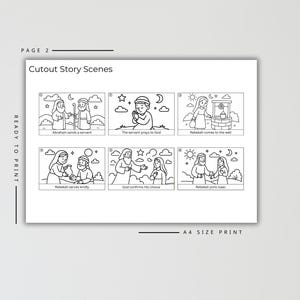 Puede incluir: Escenas de recortes ilustradas en blanco y negro sobre un fondo blanco. Las escenas representan historias b&iacute;blicas, incluyendo a Abraham enviando a un sirviente y a Rebeca uni&eacute;ndose a Isaac. El texto "READY TO PRINT" est&aacute; en el lado izquierdo.