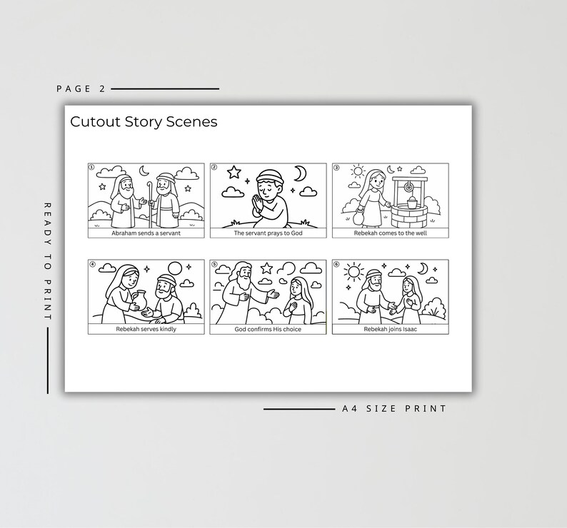 Puede incluir: Escenas de recortes ilustradas en blanco y negro sobre un fondo blanco. Las escenas representan historias b&iacute;blicas, incluyendo a Abraham enviando a un sirviente y a Rebeca uni&eacute;ndose a Isaac. El texto "READY TO PRINT" est&aacute; en el lado izquierdo.