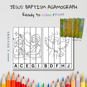May include: A black and white agamograph art print with the text "JESUS' BAPTISM AGAMOGRAPH" and "Ready to colour/Paint". The print features two designs: Jesus' baptism and a dove. A sample of the finished product is shown.