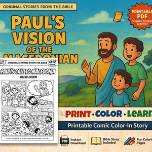May include: A colorful book cover with the title "Paul's Vision of the Macedonian" and the text "Original Stories From The Bible." The cover features illustrations of three people and a landscape. Includes a printable PDF for Sunday school activity.