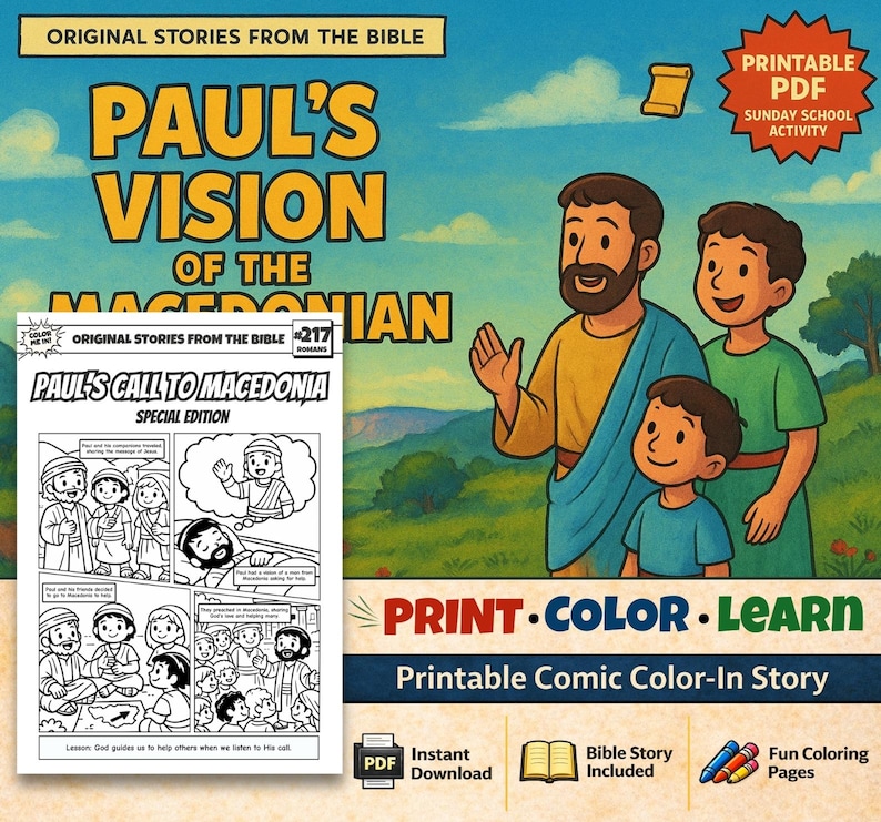 Paul’s Vision of the Macedonian Man Bible Comic Colouring Page: listing photo