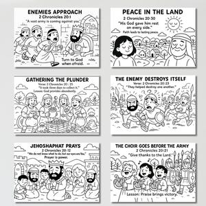 以下が含まれることがあります： 2クロニクルからのテキストを含む、6枚の白黒イラストカード。カードは、敵の接近、平和な土地、略奪の収集、敵の自滅など、聖書の物語のシーンを描いています。