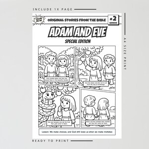 May include: Black and white comic book page titled "Adam and Eve Special Edition" with illustrations depicting scenes from the biblical story. Includes text bubbles and the phrase "Ready to Print."
