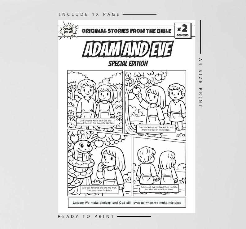 May include: Black and white comic book page titled "Adam and Eve Special Edition" with illustrations depicting scenes from the biblical story. Includes text bubbles and the phrase "Ready to Print."