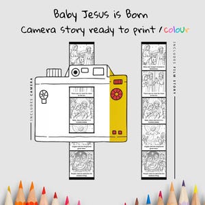 May include: A white and yellow camera illustration with the text "Baby Jesus is Born" and "Camera story ready to print / colour." The camera includes film story and camera elements. The film strip shows illustrations of the nativity scene.