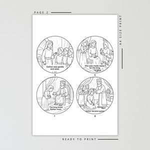 May include: Black and white line art print with four circular illustrations depicting a biblical story. Text includes "Esther was gentle and wise," "She was made ready for the king," "The king loved Esther most," and "Esther became queen."
