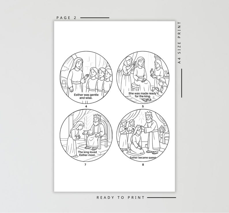 May include: Black and white line art print with four circular illustrations depicting a biblical story. Text includes "Esther was gentle and wise," "She was made ready for the king," "The king loved Esther most," and "Esther became queen."
