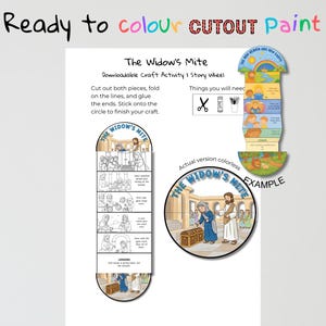 Puede incluir: Una actividad artesanal descargable titulada "The Widow's Mite". La imagen muestra una rueda de historias con instrucciones para cortar, doblar y pegar las piezas. El texto anima a los usuarios a colorear y pintar el recorte. El ejemplo muestra una versión colorida.