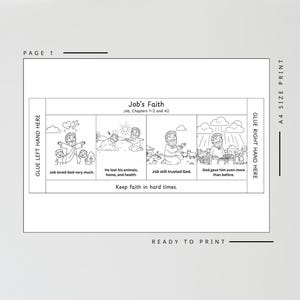 May include: A black and white printable page with the title "Job's Faith" and illustrations depicting scenes from the Bible. The text includes "Job loved God very much" and "Keep faith in hard times."