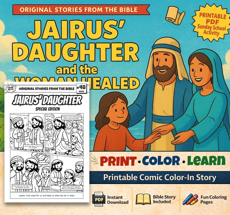 Jairus Daughter and Woman Healed Bible Comic Colouring Page for Kids: listing photo