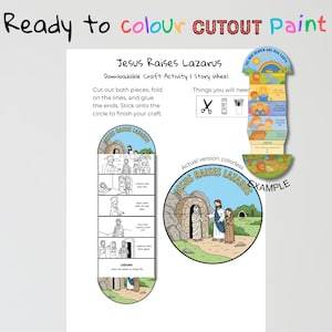 Può includere: Un'attività di artigianato scaricabile intitolata "Gesù risuscita Lazzaro". L'immagine mostra una ruota della storia con le istruzioni per tagliare, piegare e incollare i pezzi. Il testo include "Ready to colour CUTOUT Paint" e "The New Heaven and New Earth".