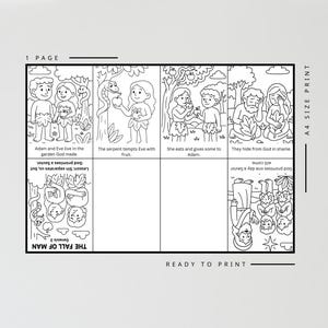 Pu&ograve; includere: Stampa illustrata in bianco e nero con scene della storia di Adamo ed Eva. I pannelli includono testo come "Adamo ed Eva vivono nel giardino che Dio ha creato" e "Il serpente tenta Eva con la frutta". Il testo "READY TO PRINT" &egrave; visibile.