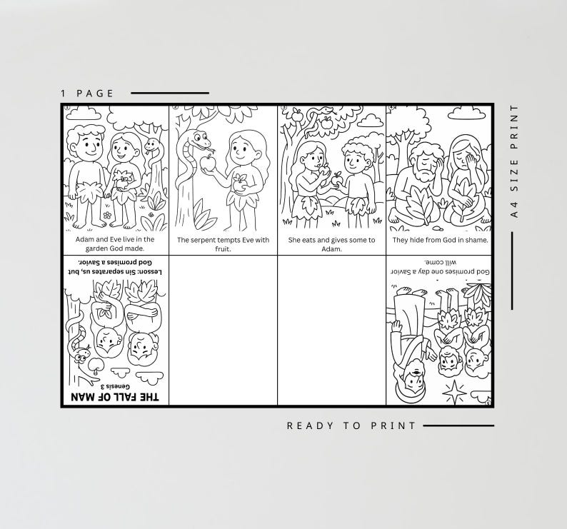 Pu&ograve; includere: Stampa illustrata in bianco e nero con scene della storia di Adamo ed Eva. I pannelli includono testo come "Adamo ed Eva vivono nel giardino che Dio ha creato" e "Il serpente tenta Eva con la frutta". Il testo "READY TO PRINT" &egrave; visibile.