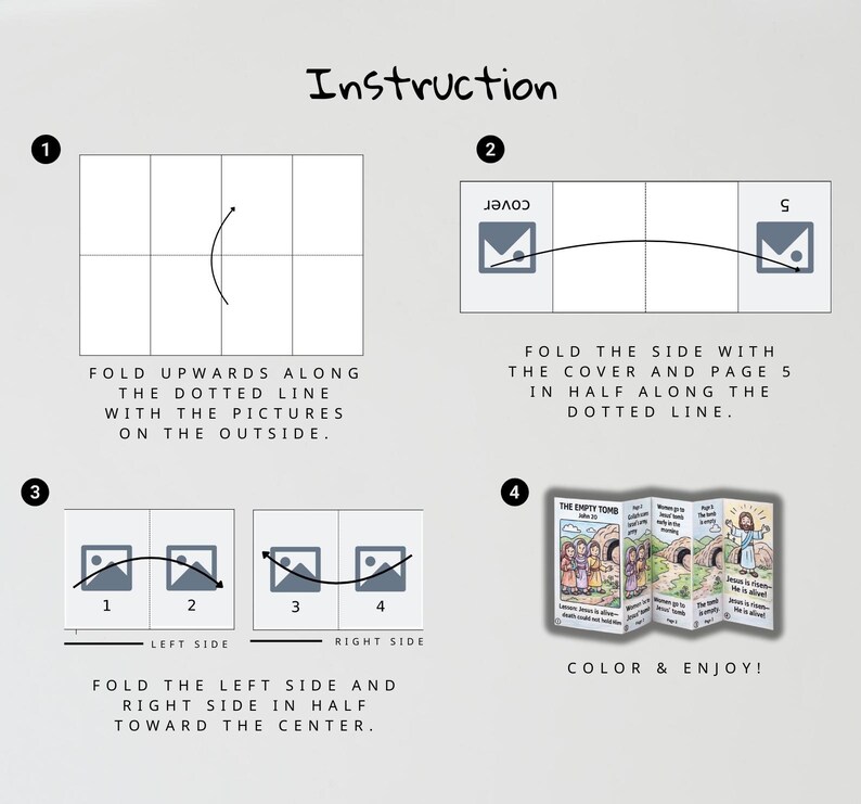 May include: Instructional diagram with numbered steps for folding a booklet. The text includes instructions to fold along dotted lines and fold sides toward the center. The final step shows a colorful, folded booklet with the text "The Empty Tomb".