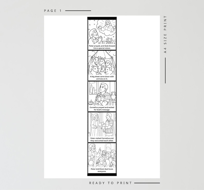 May include: Black and white illustrated comic strip with text. The strip includes panels with text such as "Peter prayed, and God showed him a special vision" and "Peter told them God loves everyone." The words "READY TO PRINT" are at the bottom.
