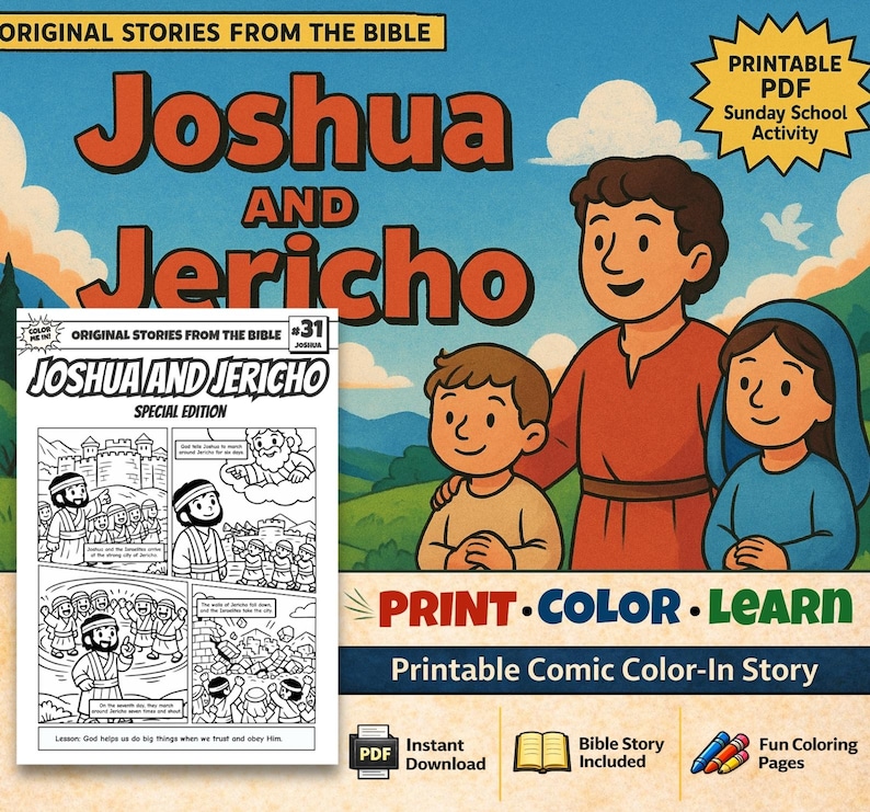 Joshua and Jericho Bible Comic Colouring Page: listing photo