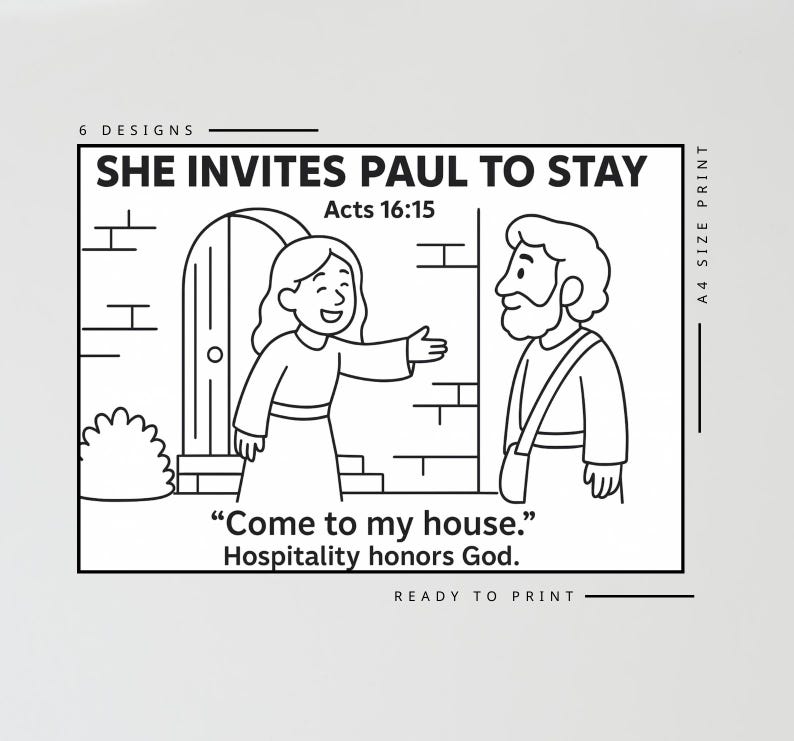May include: Black and white line art illustration with text. A woman invites a man to her house. Text reads "She invites Paul to stay" and "Come to my house. Hospitality honours God."