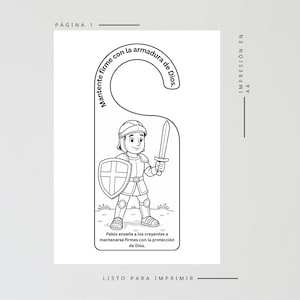 May include: A black and white printable door hanger featuring a cartoon knight holding a sword and shield. The text reads Mantente firme con la armadura de Dios and Pablo enseña a los creyentes a mantenerse firmes con la protección de Dios.