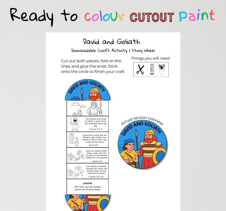 David and Goliath Bible Colouring Craft: listing photo