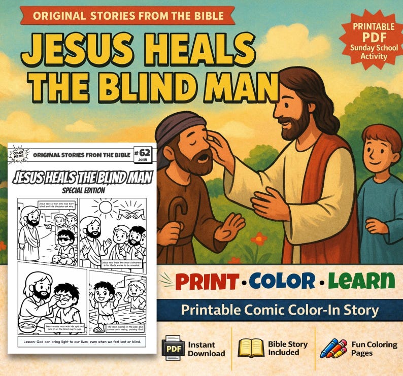 Jesus Heals the Blind Man Bible Comic Colouring Page: listing photo