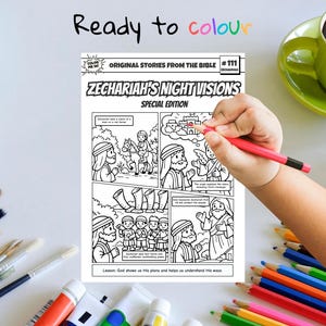 May include: A black and white coloring book page titled "Zechariah's Night Visions" with comic-style illustrations. The text "Ready to colour" is written at the top. A hand is holding a red pencil, coloring the page. The page is part of a Bible story series.