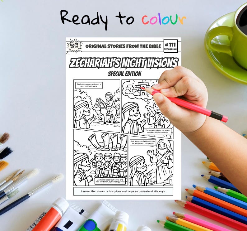 May include: A black and white coloring book page titled "Zechariah's Night Visions" with comic-style illustrations. The text "Ready to colour" is written at the top. A hand is holding a red pencil, coloring the page. The page is part of a Bible story series.