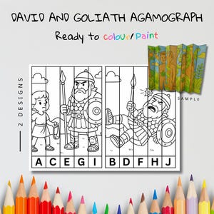 May include: A black and white agamograph coloring page featuring David and Goliath. The text "DAVID AND GOLIATH AGAMOGRAPH" and "Ready to colour/Paint" are at the top. The image includes a sample of the finished product.