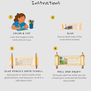 May include: Illustrated instructions for a children's craft project. The steps include coloring, cutting, gluing, and rolling a scroll. The text includes "Color & Cut", "Glue", "Glue Pencils onto Scroll", and "Roll and Enjoy!"