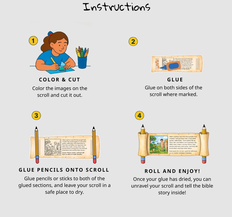 May include: Illustrated instructions for a children's craft project. The steps include coloring, cutting, gluing, and rolling a scroll. The text includes "Color & Cut", "Glue", "Glue Pencils onto Scroll", and "Roll and Enjoy!"